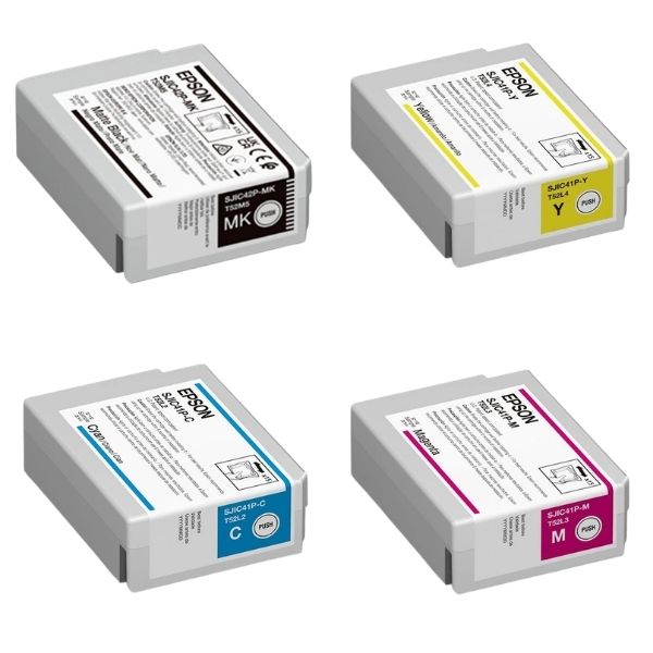 Epson ColorWorks C4000 MK blækpatronsæt Mat indeholder alle 4 originale farver (MK/C/M/Y) til den mat sorte printervariant. Køb hos Label Tech Nordic ApS.